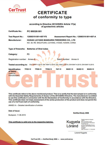 Κίνα Liuyang Mandarin Fireworks Co., Ltd. Πιστοποιήσεις