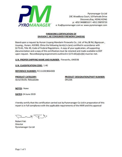 Κίνα Liuyang Mandarin Fireworks Co., Ltd. Πιστοποιήσεις